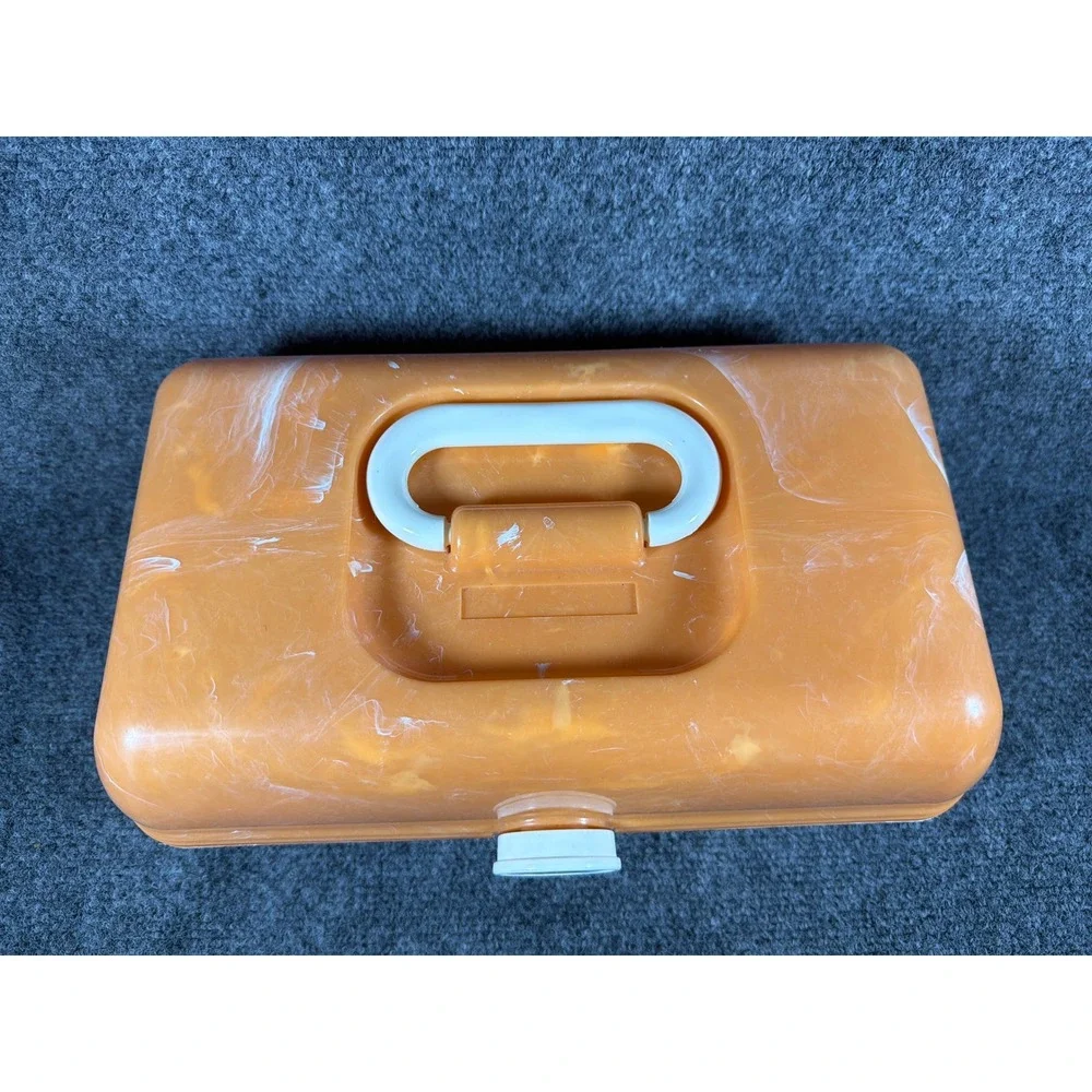 Vintage Caboodles Makeup Case Orange Marbled Organizer Box with Mirror 90s Retro
